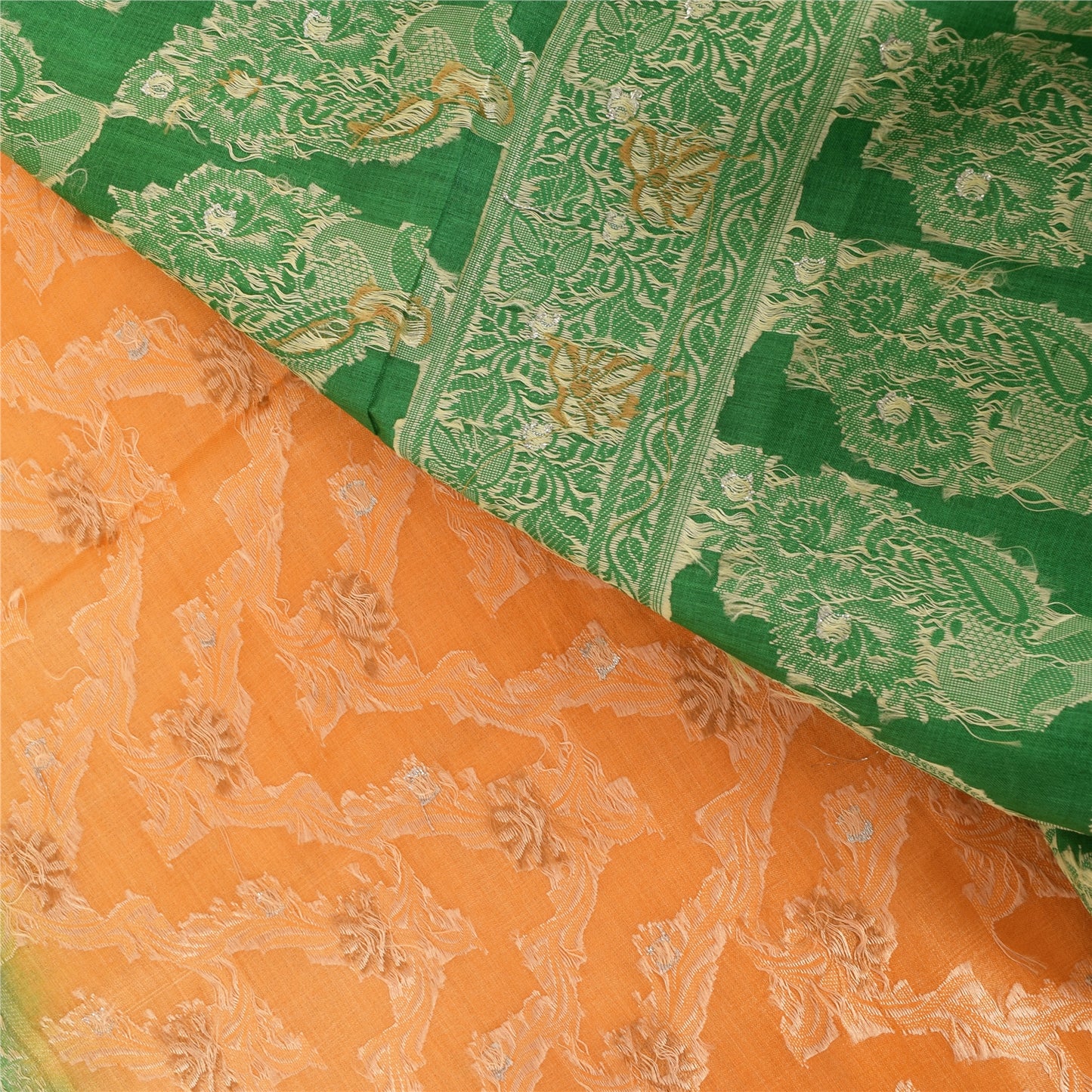 Сари Sanskriti Vintage Green/Orange из чистого шелка, тканая ткань премиум-класса для сари из экологически чистой ткани