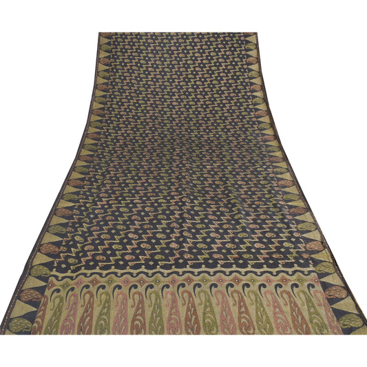 Sanskriti Vintage Sarees Black Bollywood Woven Pure Silk Sari 5+yd Craft Sustainable Fabric