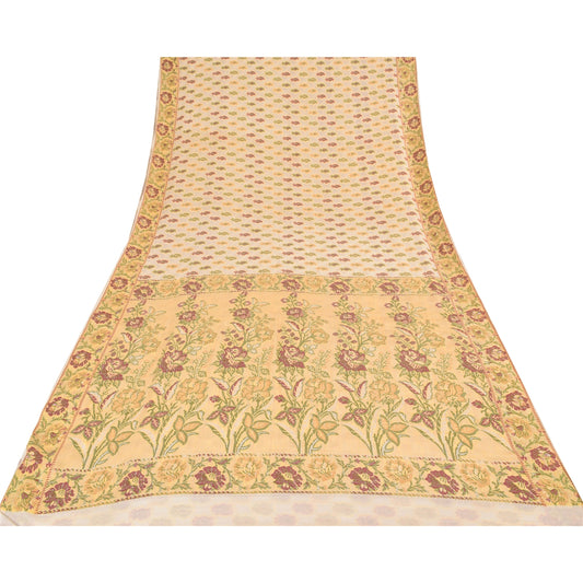 Sanskriti Vintage Sarees Cream/Peach Hand Woven Pure Silk Sari 5+yd Craft Sustainable Fabric