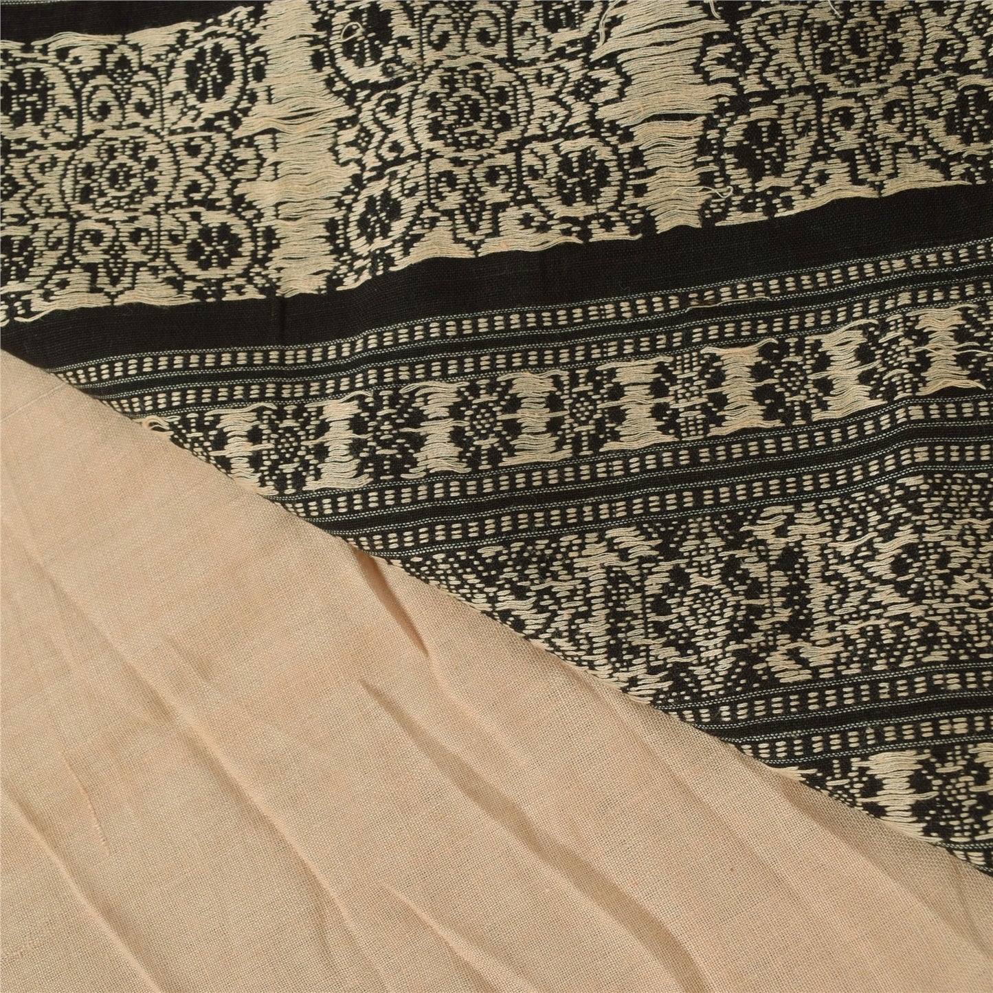 Sanskriti Vintage Black/Cream Sarees Pure Cotton Hand Embroidery Sari 5yd Sustainable Fabric