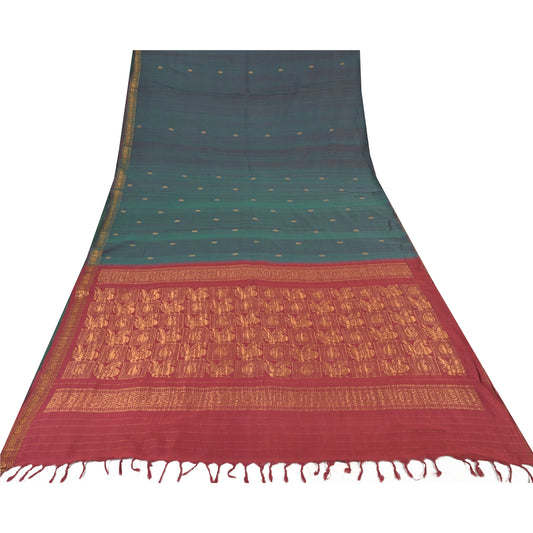 Sanskriti Vintage Green/Red Sarees Pure Cotton Woven Premium Sari Craft Sustainable Fabric