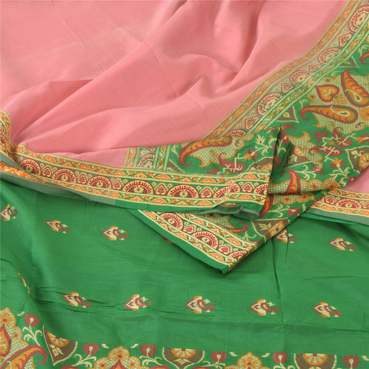 Sanskriti Vintage Peach/Green Sarees Pure Silk Hand Woven Ethnic Sari 5yd Sustainable Fabric