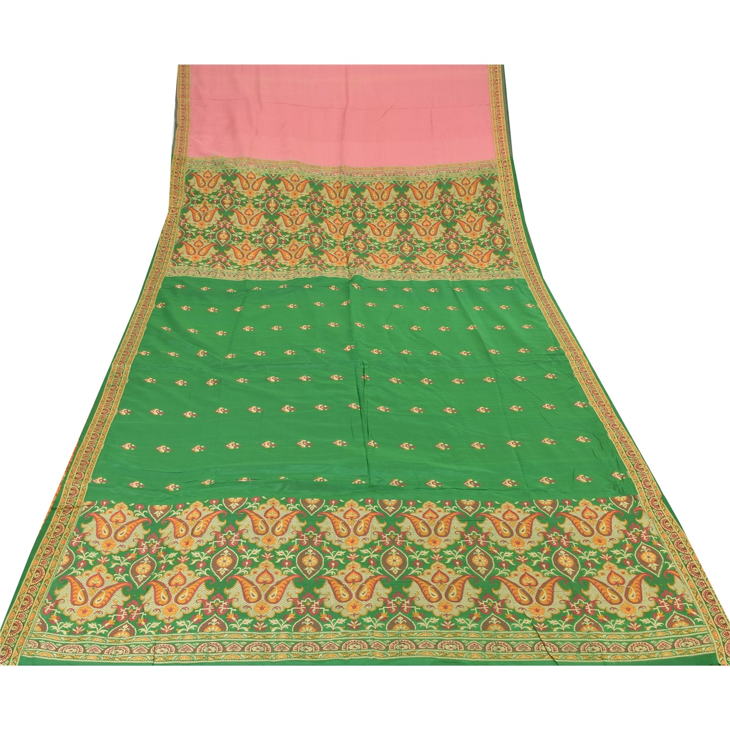 Sanskriti Vintage Peach/Green Sarees Pure Silk Hand Woven Ethnic Sari 5yd Sustainable Fabric