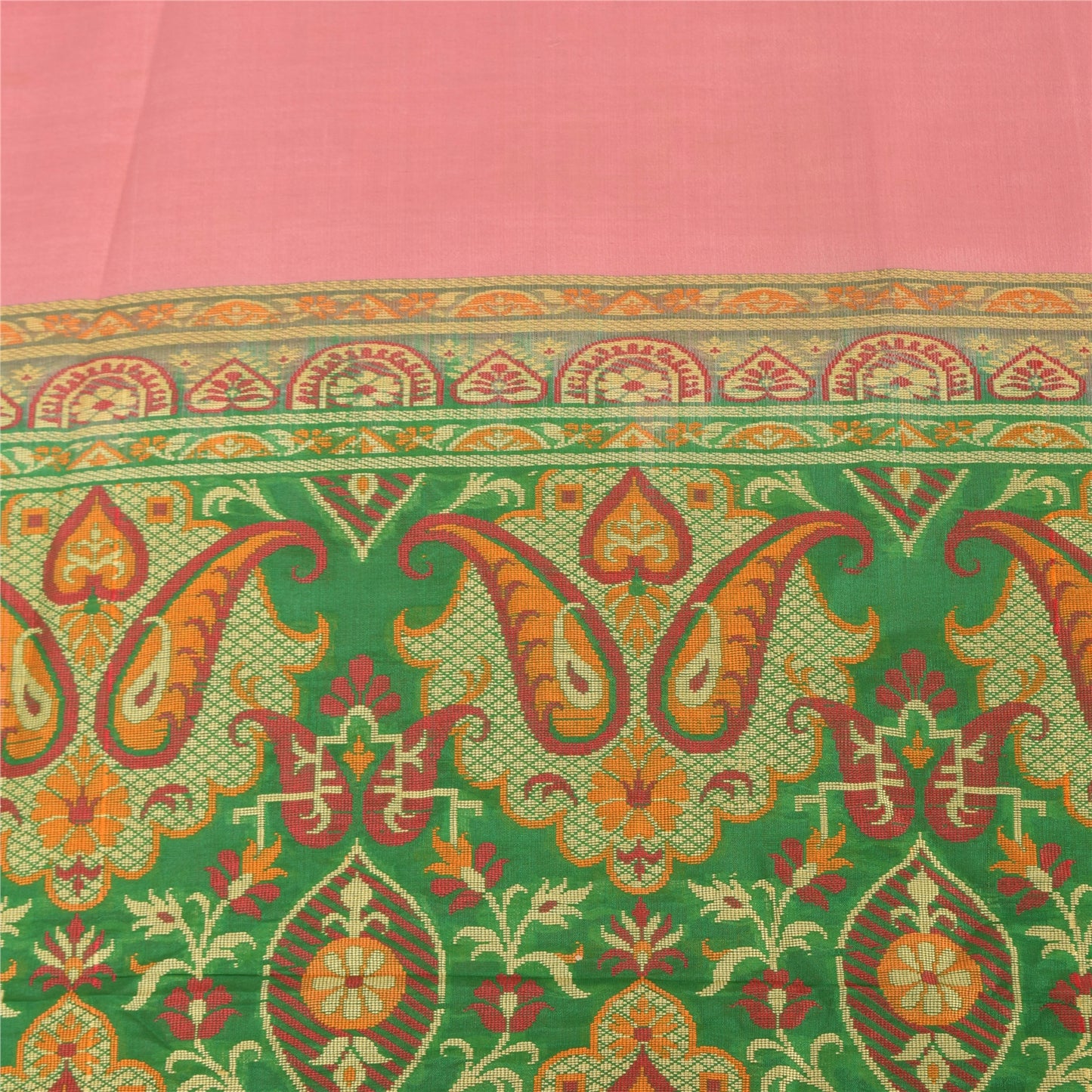 Sanskriti Vintage Peach/Green Sarees Pure Cotton Hand Woven Sari Ethnic Sustainable Fabric