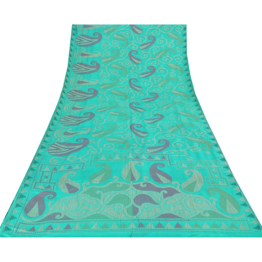 Sanskriti Vintage Indian Cyan Sarees Pure Silk Woven Ethnic Sari 5ydCraft Sustainable Fabric