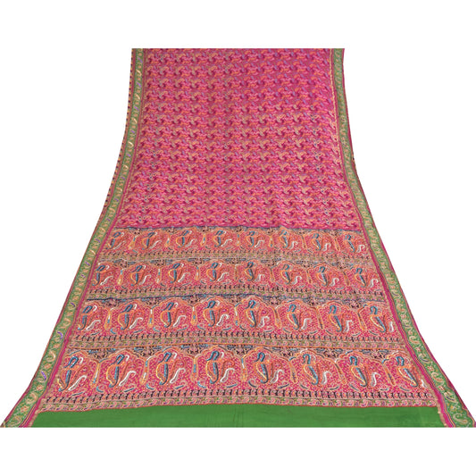 Sanskriti Vintage Pink Sarees Pure Silk Hand Beaded Ethnic Sari 6yd Craft Sustainable Fabric
