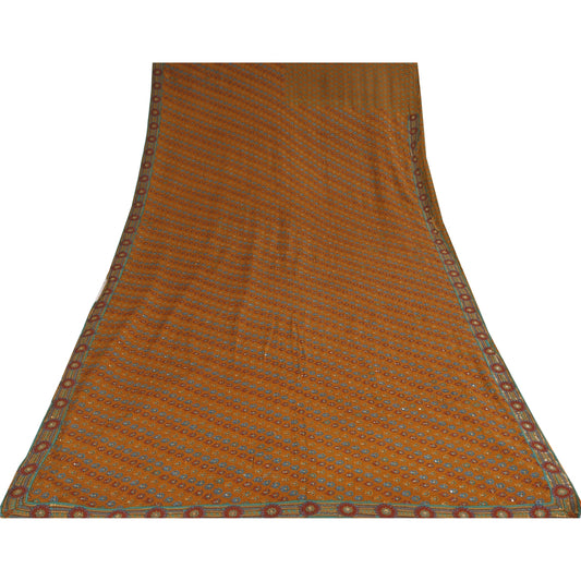 Sanskriti Vintage Yellow Sarees Pure Crepe Hand Embroidery Sari 6yd Craft Sustainable Fabric