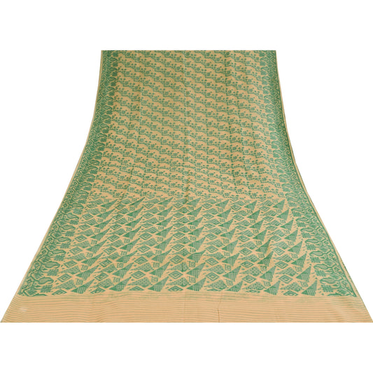 Sanskriti Vintage Cream Sarees Pure Crepe Silk Beaded Premium Sari Craft Sustainable Fabric