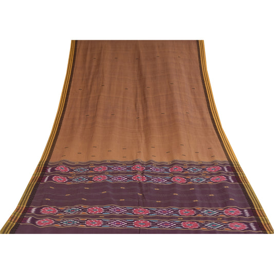 Sanskriti Vintage Brune Sareer Ren Bomuld Vævet Ikat Sari Premium Håndværk Bæredygtigt Stoff