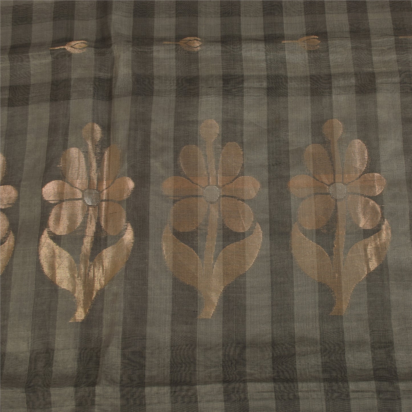 Sanskriti Vintage Sarees Gray & Black Woven Cotton Silk Sari 5+yd Craft Fabric