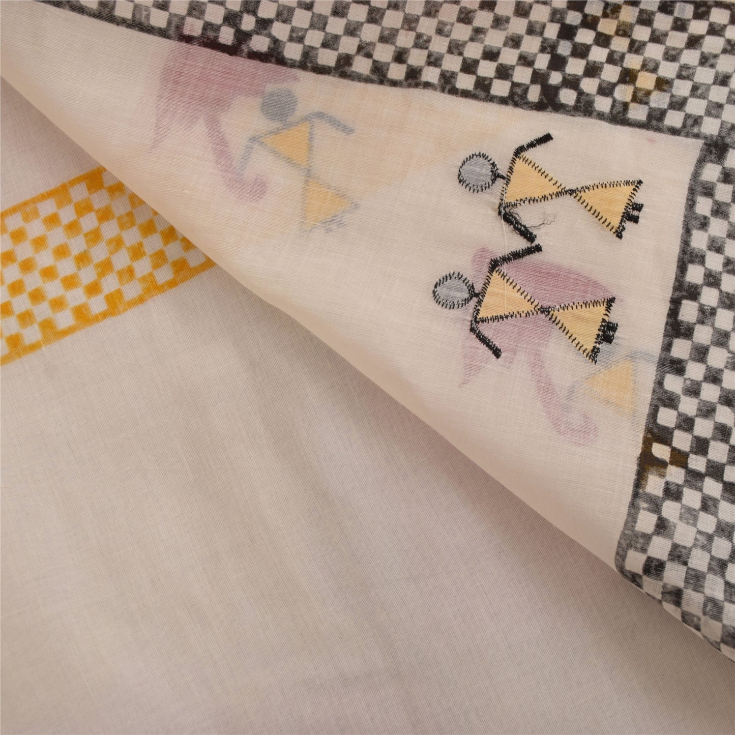 Sanskriti Vintage Ivory Sarees Blend Cotton Embroidered Warli Art Craft Fabric