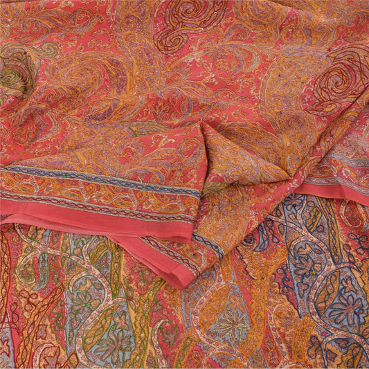 Sanskriti Vintage Sarees Pink Embroidered & Printed Pure Crepe Sari Craft Fabric