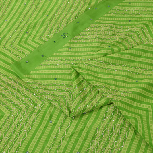 Sanskriti Vintage Sarees Green Embroidery Print Pure CrepeSari 5+yd Craft Fabric
