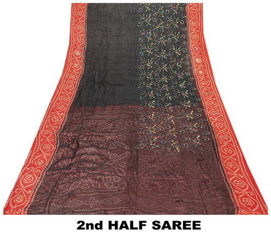 Sanskriti Vintage Black-Red Pure Georgette Saree Bandhani Hand Bead 5+YD Fabric