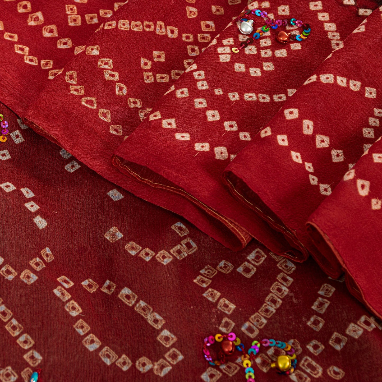 Sanskriti Vintage Black-Red Pure Georgette Saree Bandhani Hand Bead 5+YD Fabric