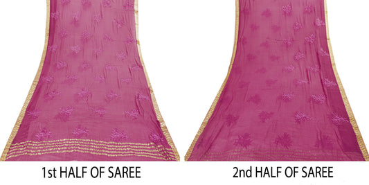 Sanskriti Vintage Pink Pure Chiffon Silk Saree Embroidery Zari Woven 6+YD Fabric