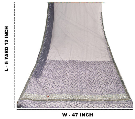 Sanskriti Vintage Lavender Net Saree Hand Embroidered Zardozi Sari 5+YD Fabric