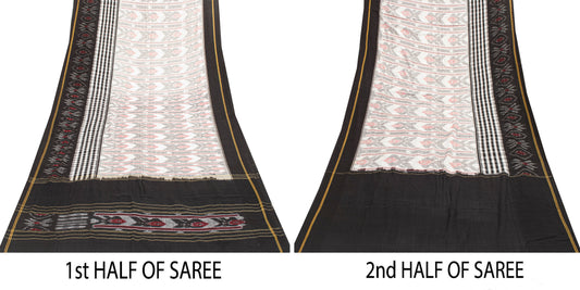 Sanskriti Vintage Gray-Black Pure Cotton Saree Hand Ikat Woven 5 YD Craft Fabric