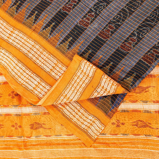 Sanskriti Vintage Black-Yellow 100%Pure Cotton Saree Hand Ikat Woven 5+YD Fabric