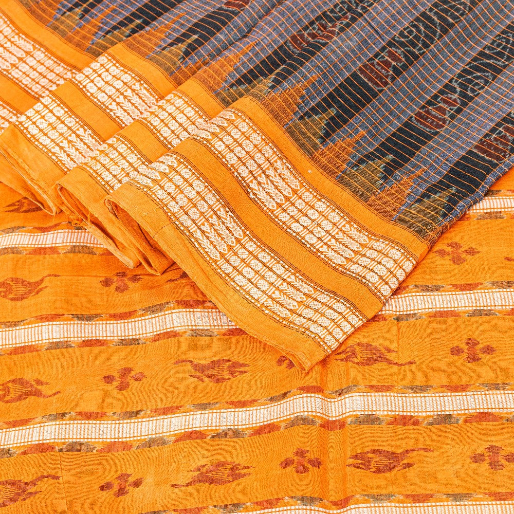 Sanskriti Vintage Black-Yellow 100%Pure Cotton Saree Hand Ikat Woven 5+YD Fabric
