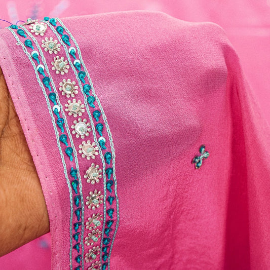Sanskriti Vintage Pink 100% Pure Crepe Saree Hand Beaded Sari 5+YD Craft Fabric