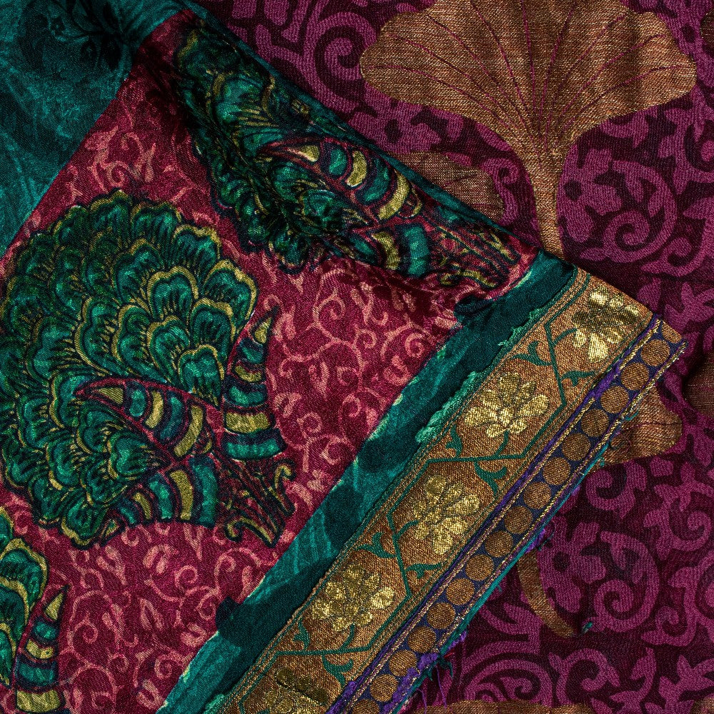 Sanskriti Vintage Purple -Green 100%Pure Crepe Saree Woven Printed 5.5+YD Fabric