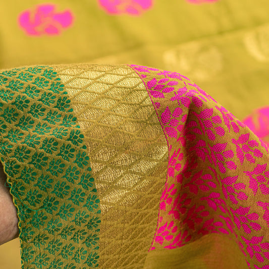 Sanskriti Vintage Yellow Pure Cotton Saree Hand Woven Zari 5.5+ YD Fabric Supply