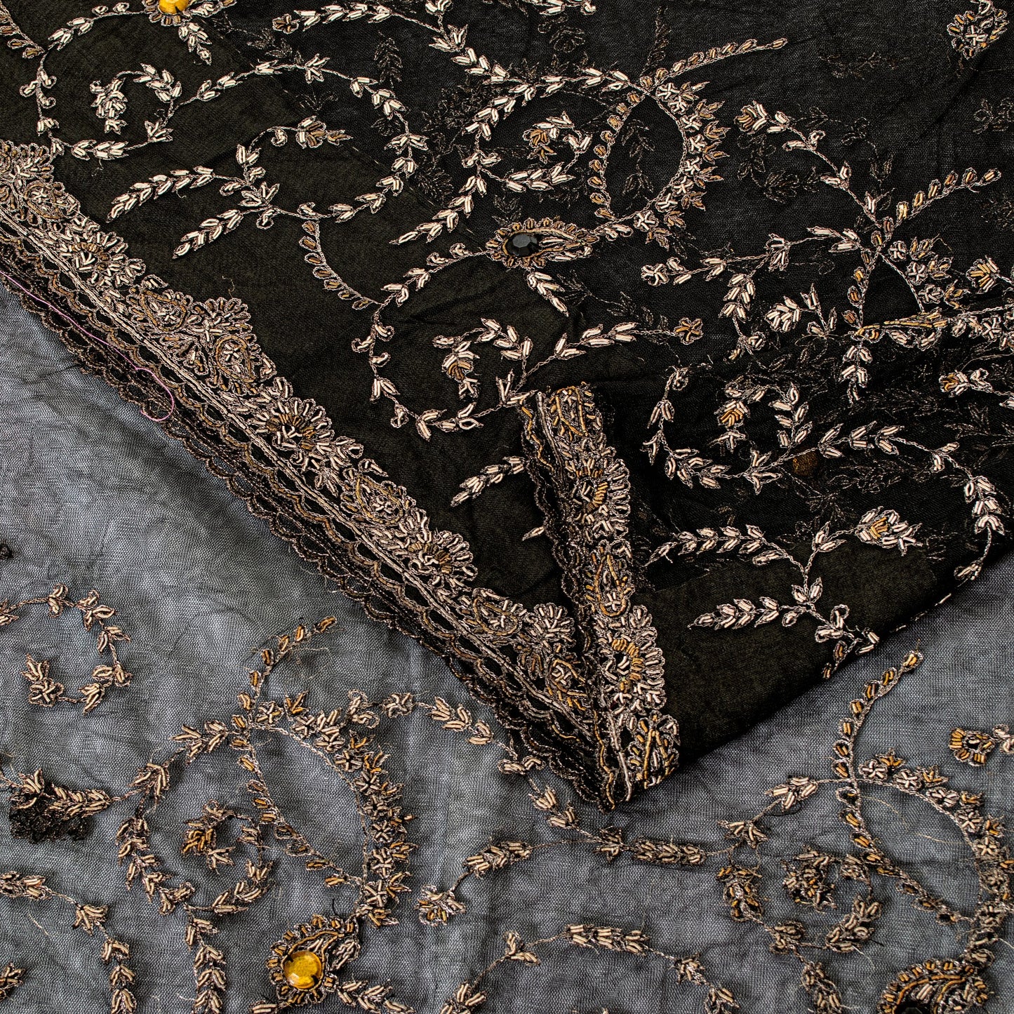 Sanskriti Vintage Black Net Mesh Saree Hand Embroidered Zardozi Zari 5+YD Fabric