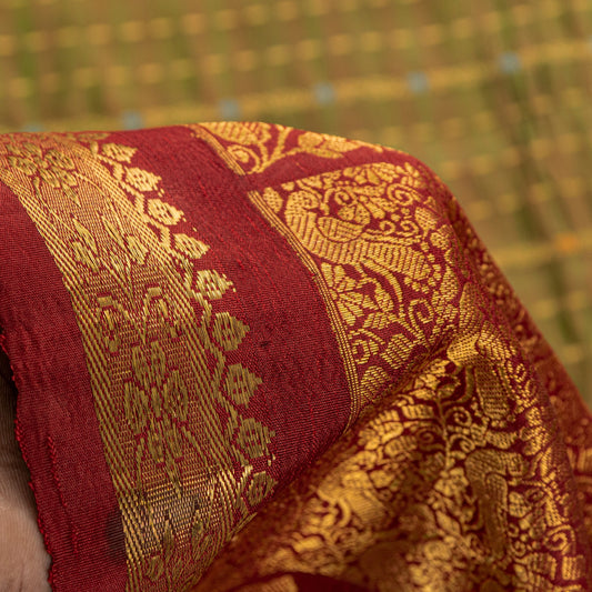 Sanskriti Vintage Green-Red Pure Silk Saree Zari Woven Sari 5.5+YD Craft Fabric