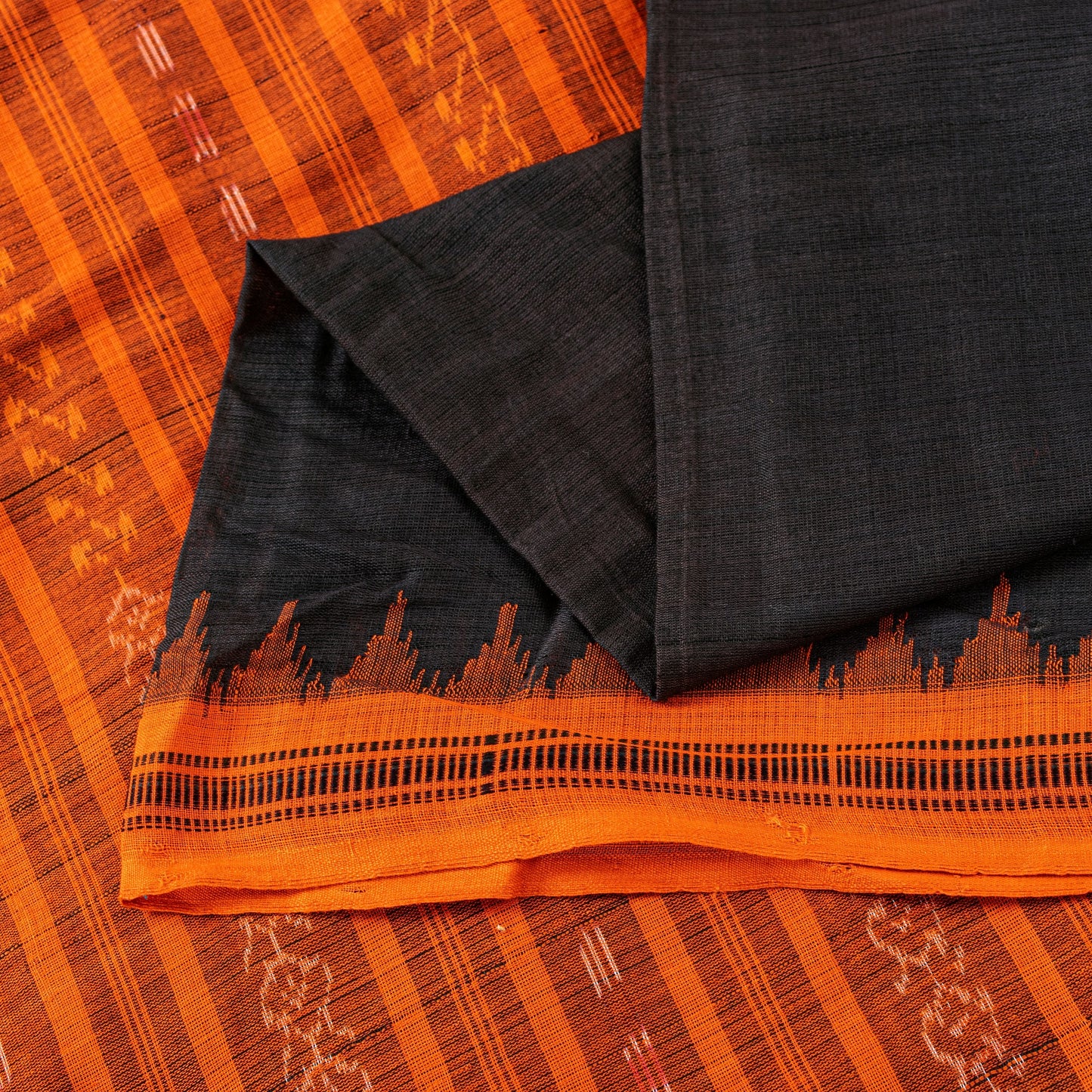 Sanskriti Vintage Black-Orange Pure Cotton Saree Handcrafted Bengali 5+YD Fabric