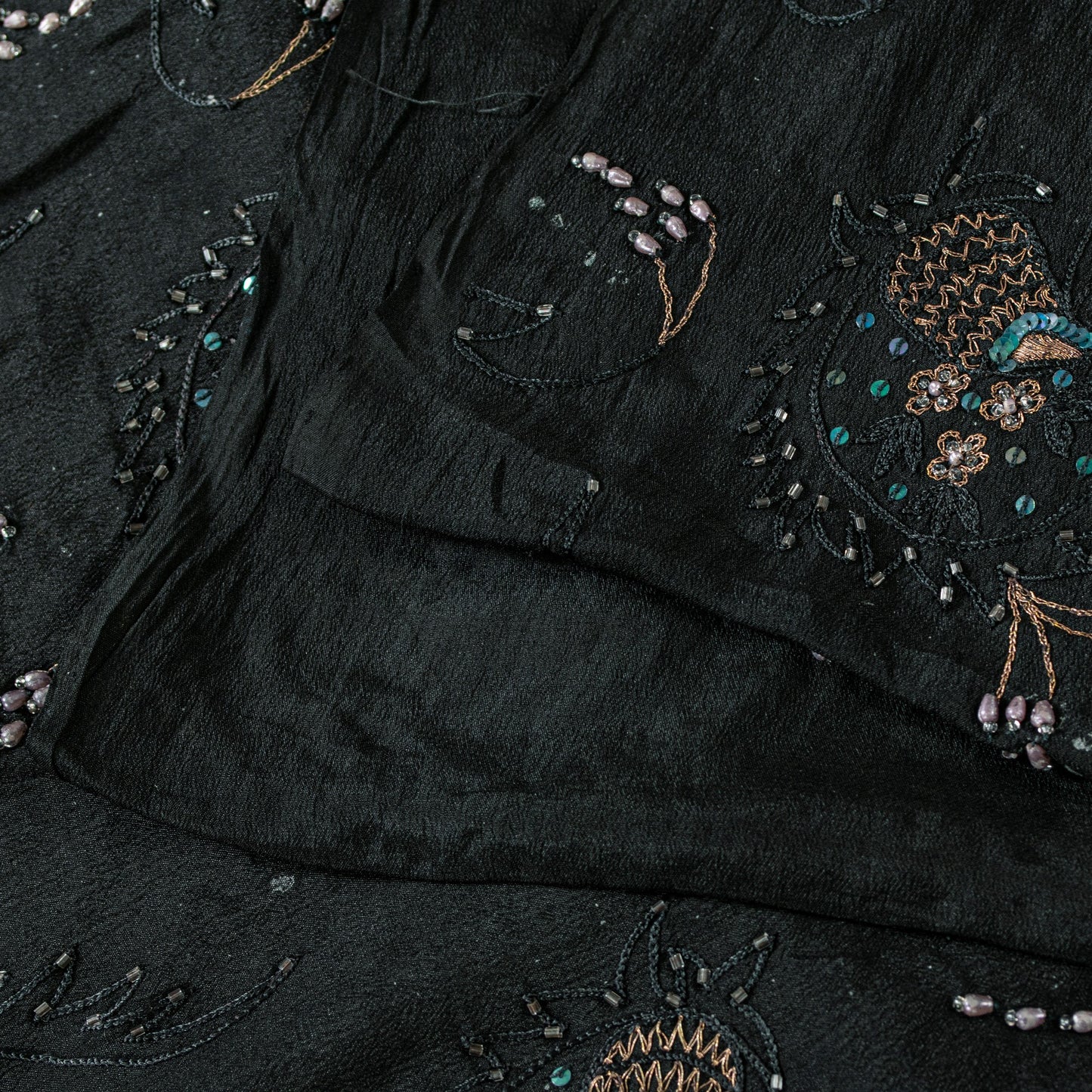 Sanskriti Vintage Black Pure Silk Saree Hand Beaded Indian 5.5+YD Craft Fabric