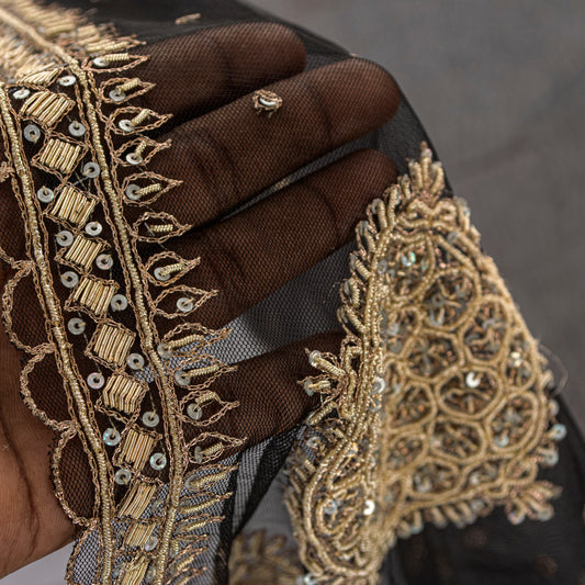 Sanskriti Vintage Black Net Mesh Saree Hand Embroidered Zardozi Dabka 6YD Fabric