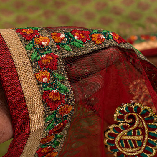 Sanskriti Vintage Green-Red Pure Silk Saree Hand Block Phulkari Border Patch 6YD