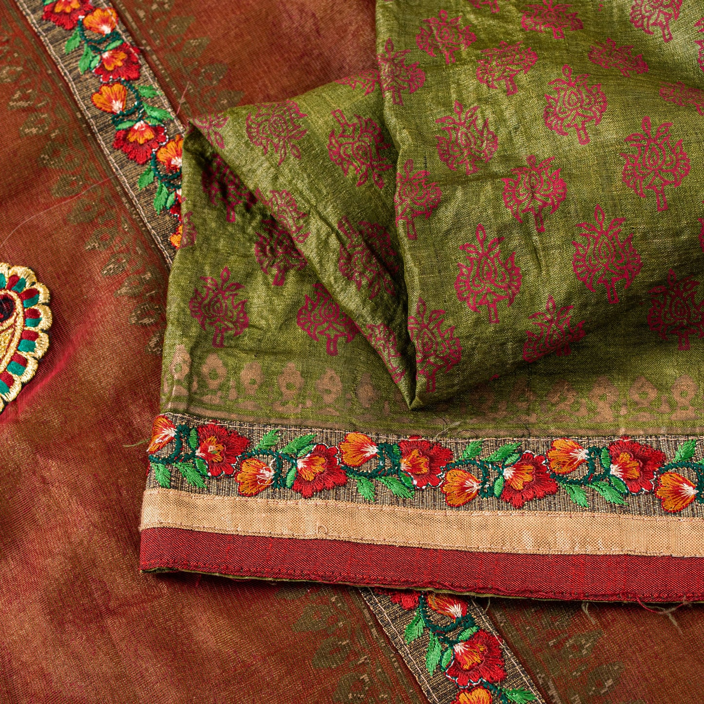 Sanskriti Vintage Green-Red Pure Silk Saree Hand Block Phulkari Border Patch 6YD