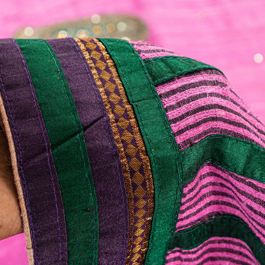 Sanskriti Vintage Pink Pure Jute Silk Saree Embroidered Handcraft 5.5YD Fabric