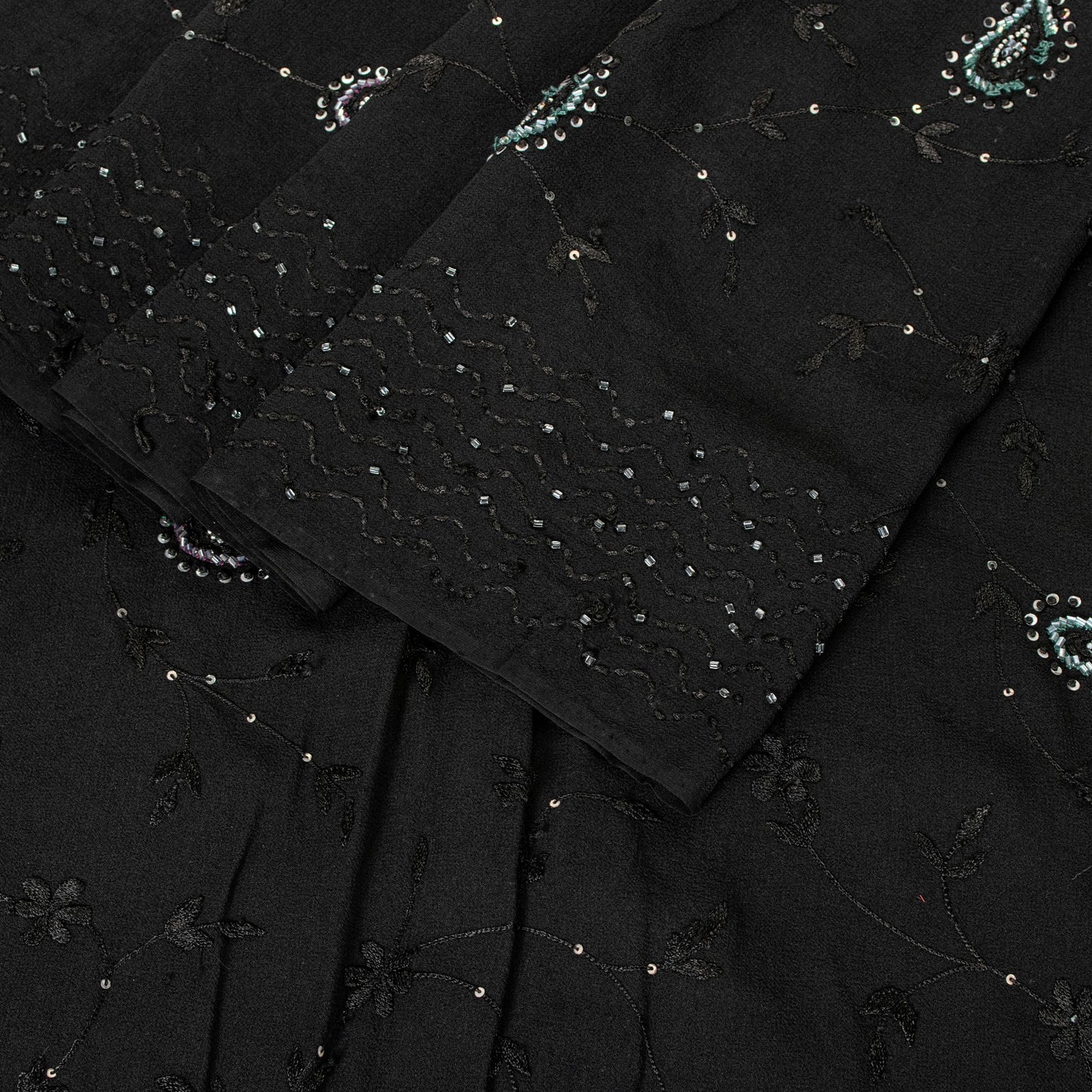 Sanskriti Vintage Black Pure Georgette Saree Hand Beaded Thread Sari 5+YD Fabric