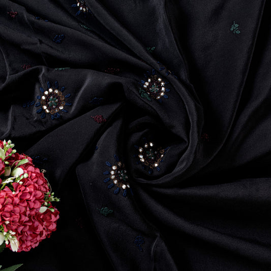 Sanskriti Vintage Black Pure Silk Saree Hand Beaded Embroidered Sari 5+YD Fabric