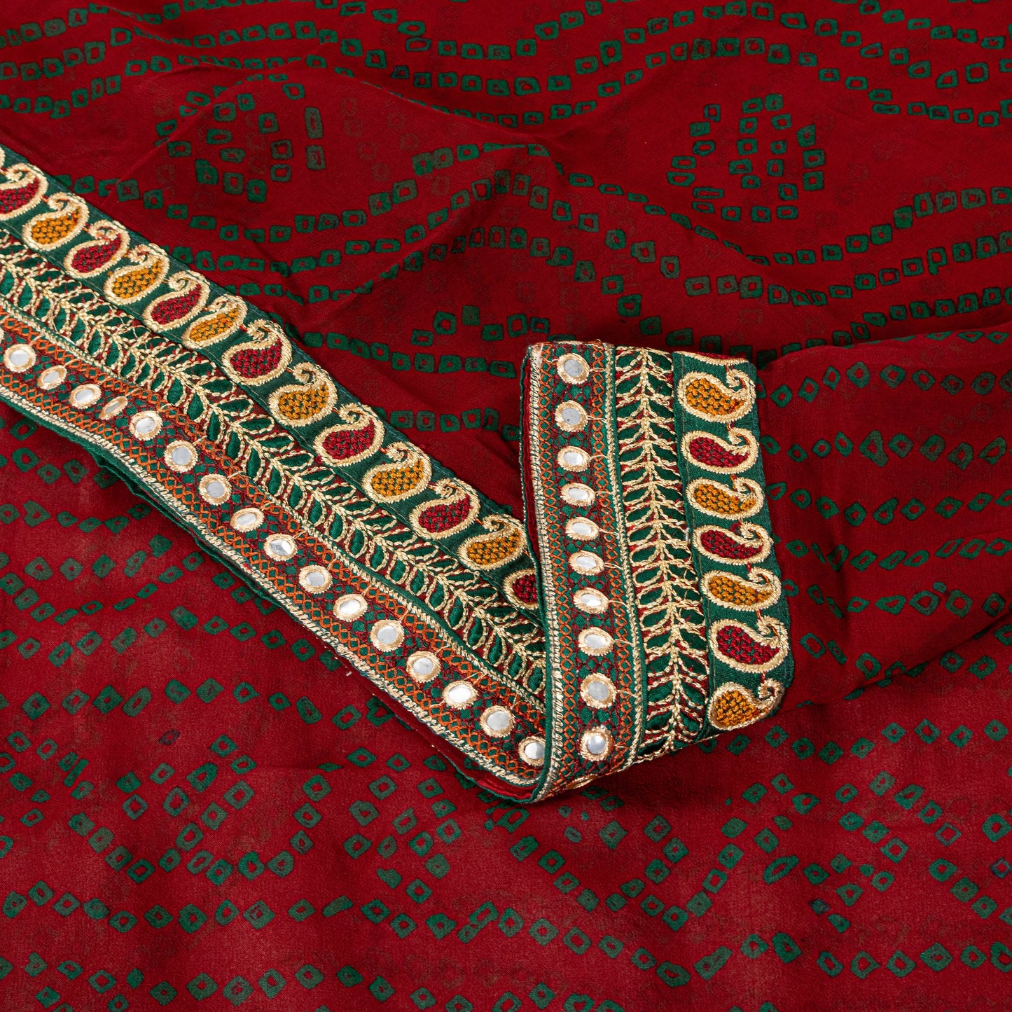 Sanskriti Vintage Pure Georgette Dark Red Saree Bandhani Embroidered Gujrat 6YD