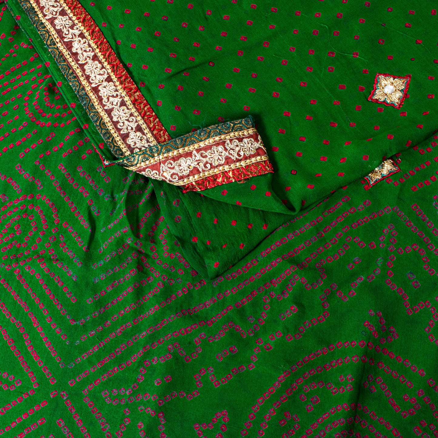 Sanskriti Vintage Green Pure Georgette Saree Bandhani Hand Embroidered 5.5YDSari