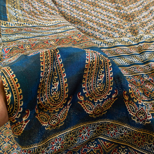 Sanskriti Vintage Blue Pure Cotton Saree Ajrakh Hand Block Print Sari 5.5YDCraft