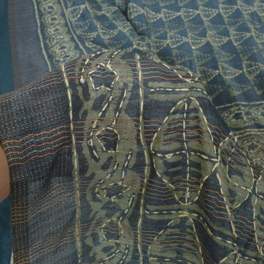 Sanskriti Vintage Blue Art Silk Saree Handmade Bagru Kantha Embroidery 5.5YDSari