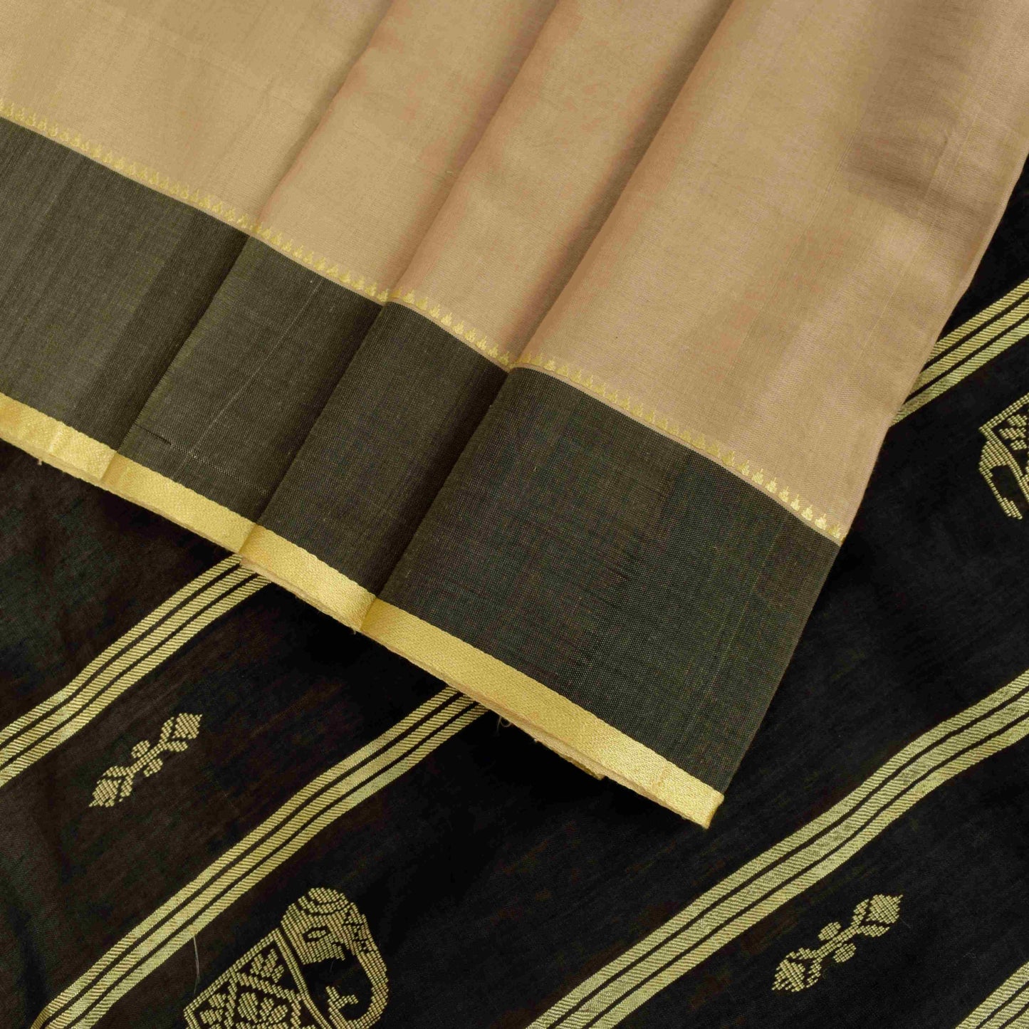 Sanskriti Vintage Cream-Black Cotton Silk Saree Elephant Woven Sari 5+YD Craft