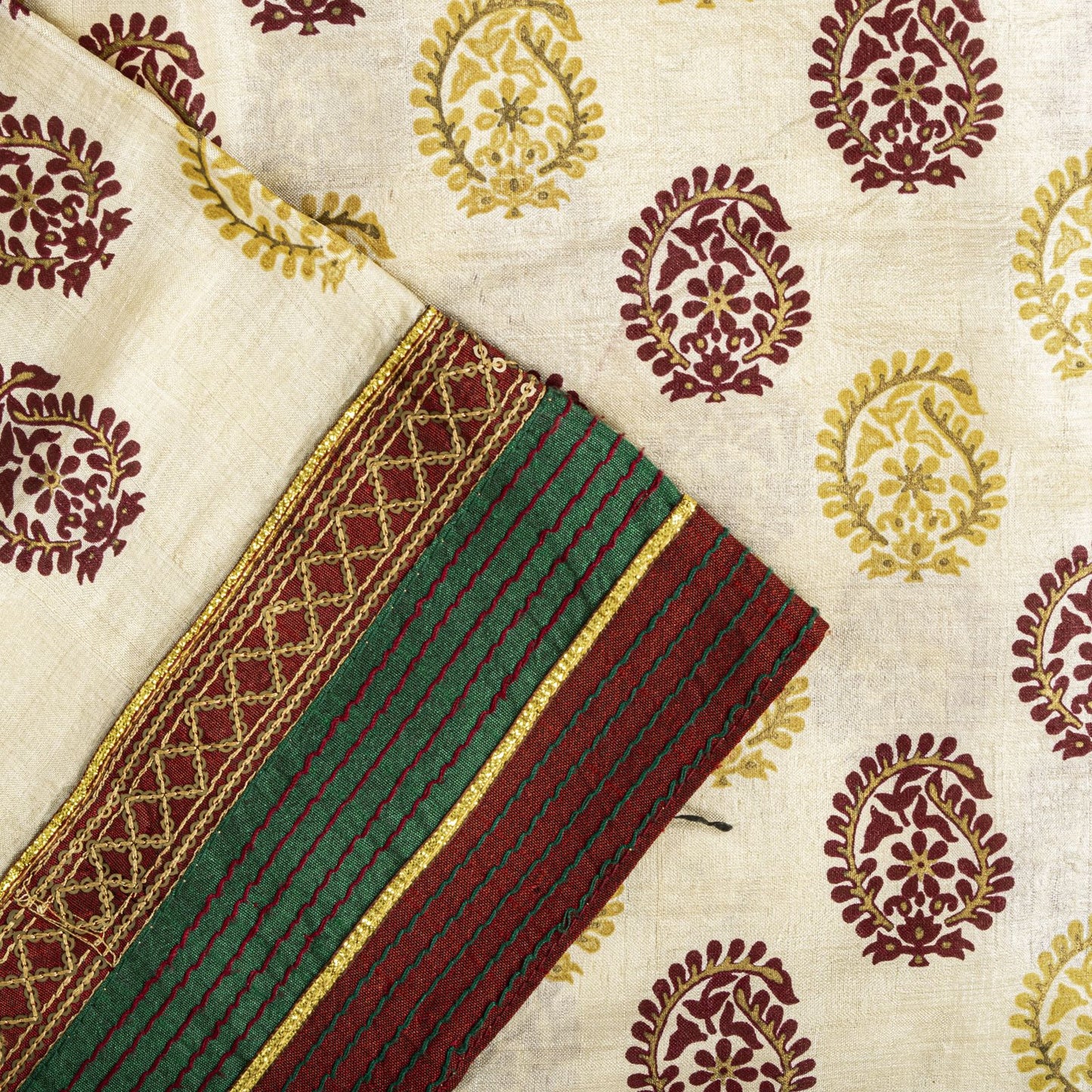 Sanskriti Vintage Saree Off-White Pure Silk Embroidered-Hand Block Printed Sari