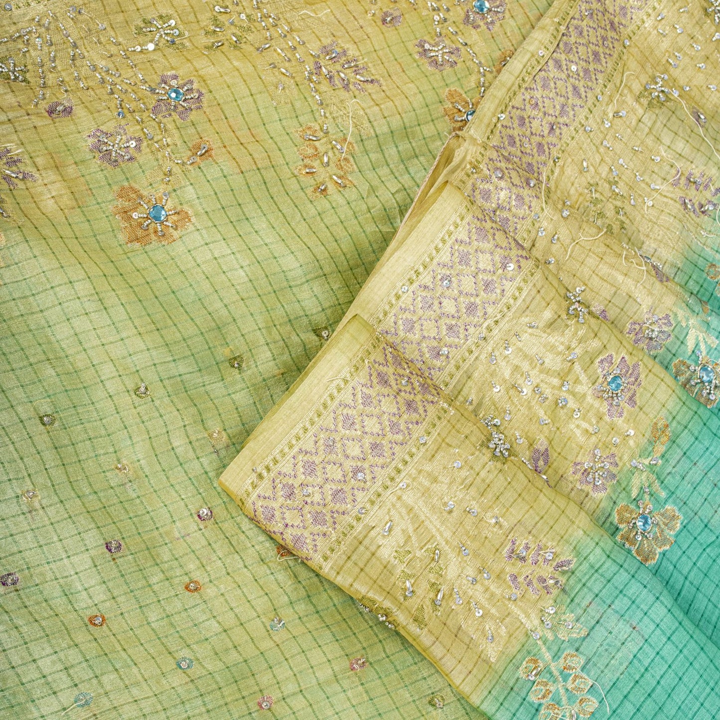 Sanskriti Vintage Saree Blue Pure Silk Hand Beaded-Woven Craft Fabric 6Yard Sari