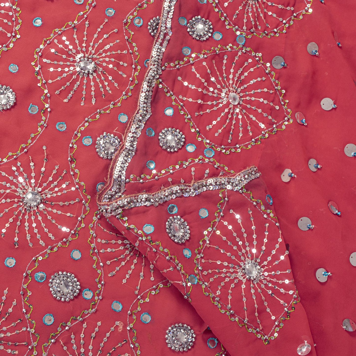 Sanskriti Vintage Saree Pink Georgette Hand Beaded Craft Fabric Indian Sari 6YD