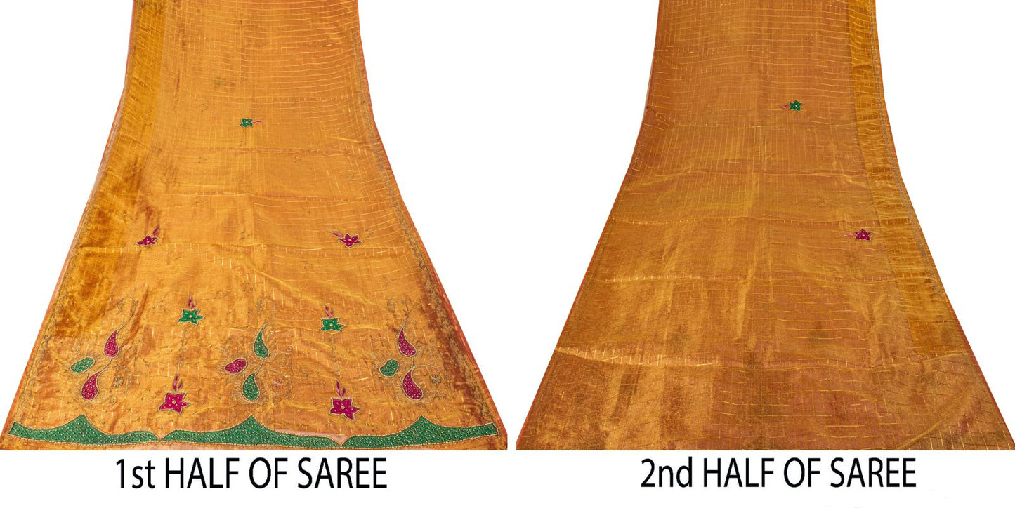Sanskriti Vintage Golden Art Silk Saree Hand Embroidered Zari-Woven Sari Fabric