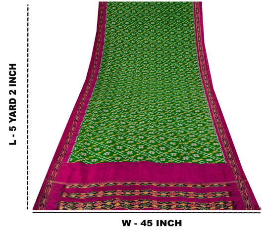 Sanskriti Vintage Green 100% Pure Silk Saree Ikat Hand Woven Pochampally Sari