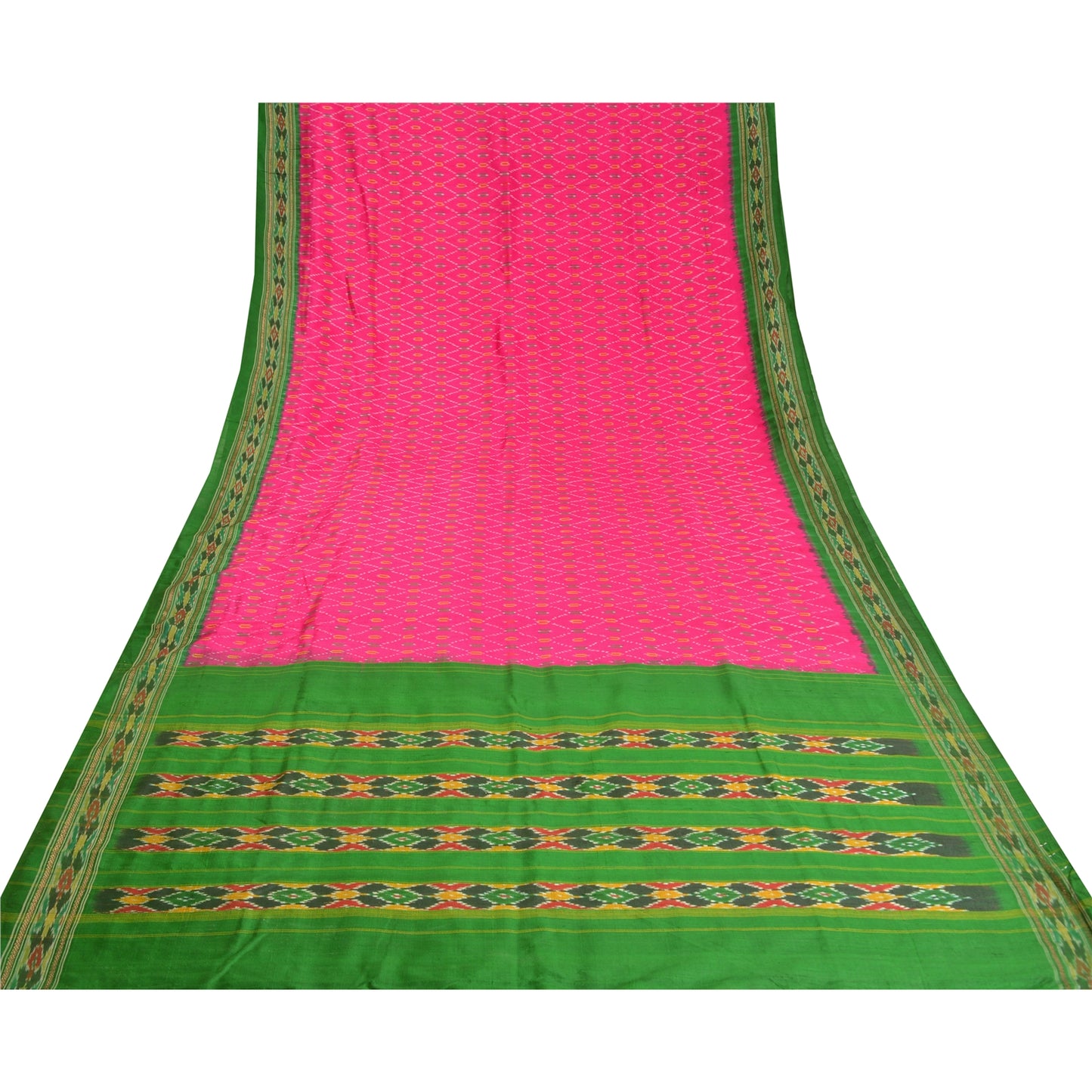 Sanskriti Vintage Saree Pink Sambhalpuri Hand Woven Ikat Pure Silk Sari Fabric