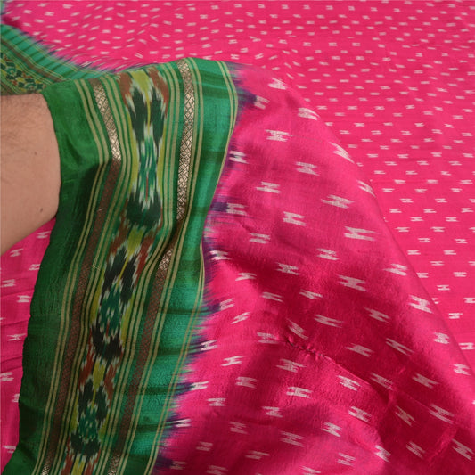 Sanskriti Vintage Saree Pink Pochampally Hand Woven Ikat Pure Silk Sari Fabric