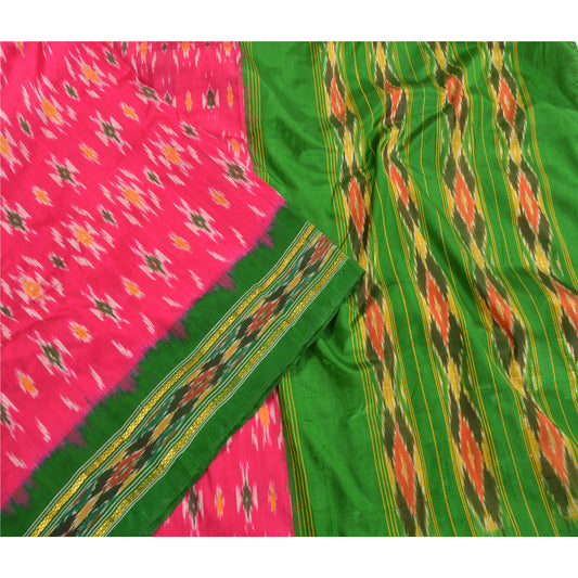 Sanskriti Vintage Saree Pink Pochampally Hand Woven Ikat Pure Silk Sari Fabric